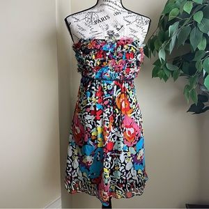 Betsey Johnson Strapless Feathered Torso Tropical Dress Multicolor Sz 8